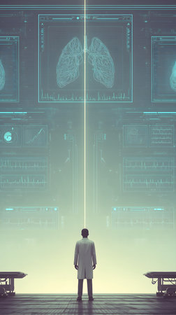 Back view of young businessman looking at hologram screen. Medicine conceptの素材