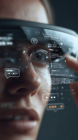 Close up of woman wearing virtual reality goggles against black background. Mixed mediaの素材