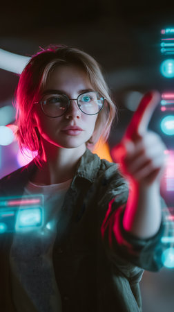 portrait of a beautiful young girl in glasses in the city at nightの素材