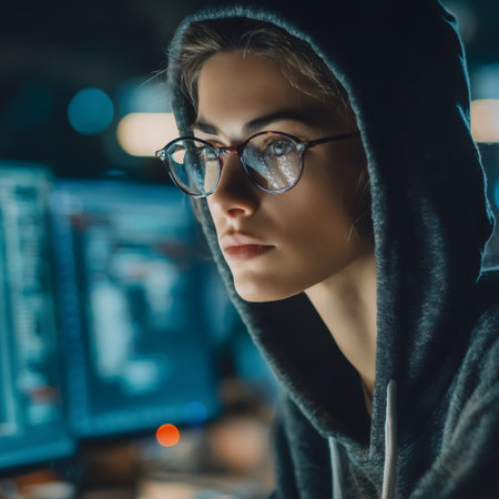 Portrait of a beautiful young woman in glasses and a hoodie.の素材