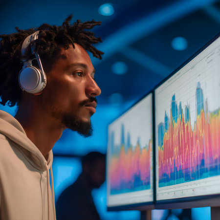 Portrait of african american man in headphones looking at monitor with stock market chart. Multiethnic business people working in modern office.の素材
