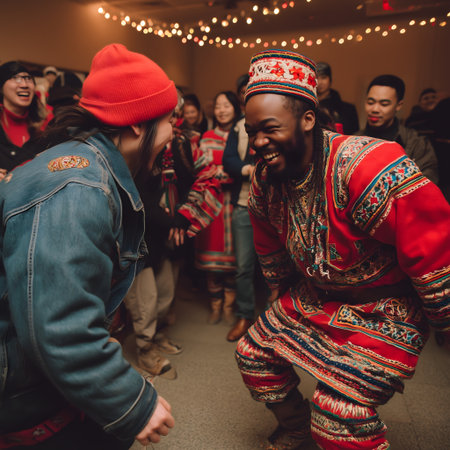 Group of friends in traditional clothes having fun, dancing and laughing.の素材