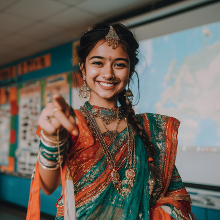 Beautiful indian girl in traditional sari smiling and pointing at camera.の素材