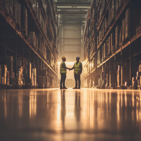 Rear view of two warehouse workers working together in warehouse. This is a freight transportation and distribution warehouse. Industrial and industrial workers conceptの素材
