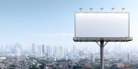 Blank billboard with cityscape background. 3D rendering. Advertising concept.の素材