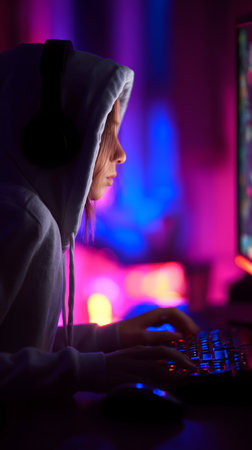Teenage girl playing online games on computer at night in neon lightの素材