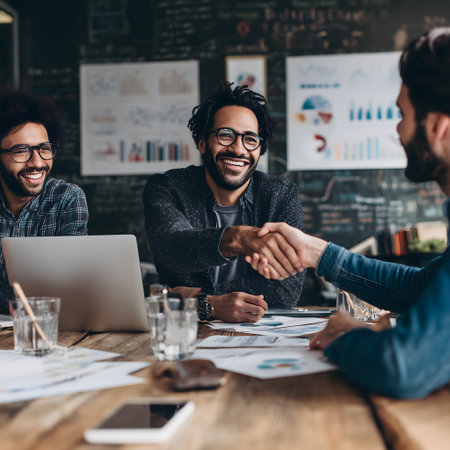 selective focus of multicultural businesspeople shaking hands during meeting in officeの素材