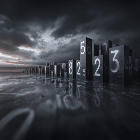 Conceptual image with numbers on a wooden floor and clouds in the backgroundの素材