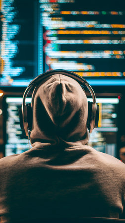 Hooded man in headphones listening to the music on the background of the monitor of a computerの素材