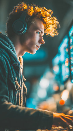 Portrait of a young man in headphones playing video games in a pubの素材