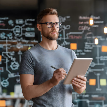 Serious bearded man in glasses using digital tablet while standing in cafeの素材