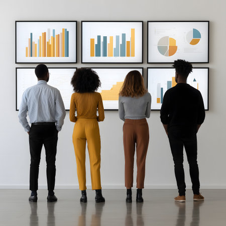 Group of diverse business people looking at business charts on wall in officeの素材