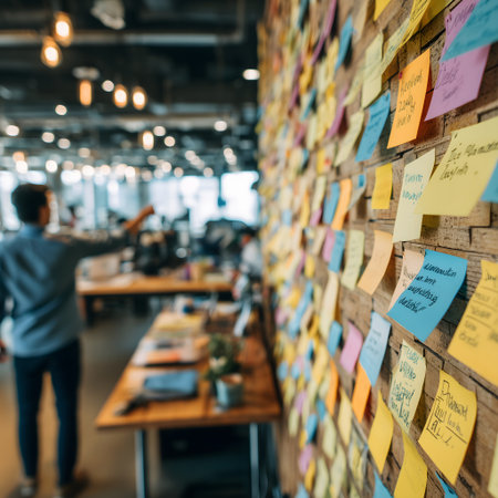 Blurred background of business people working in modern office with sticky notes on wall.の素材