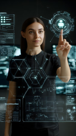 Business, Technology, Internet and network concept. Young businessman working on a virtual screen of the futureの素材