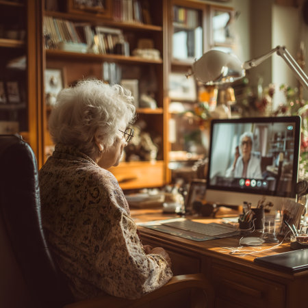 Elderly woman sitting in front of a laptop at home.の素材