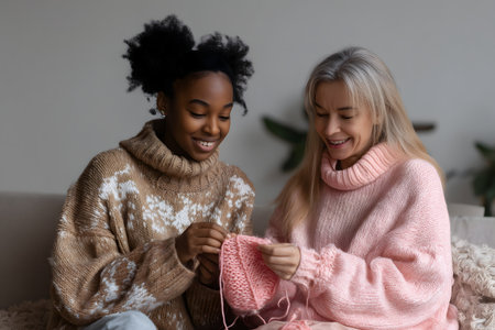 Two multiethnic women knitting together, sitting on sofa at home, copy spaceの素材