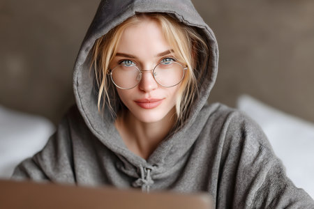 Portrait of a beautiful girl in glasses with a laptop in her hands.の素材