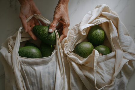Female hands holding reusable eco bag with avocados. Zero waste concept.の素材
