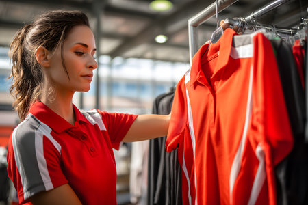 Young beautiful woman in a red T-shirt in the store.の素材