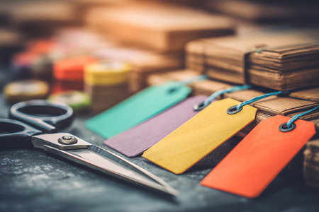 Colorful tags and scissors on blackboard background - vintage filter effectの素材