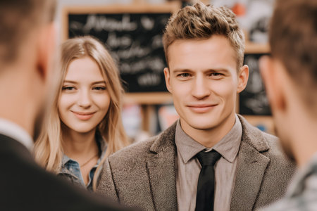 businessman and businesswoman sitting at table and looking at camera in officeの素材