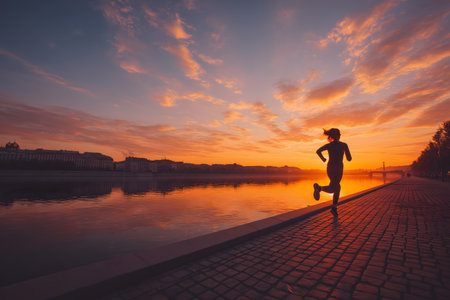 Runner athlete running at sunrise. woman fitness jogging workout wellness concept.の素材