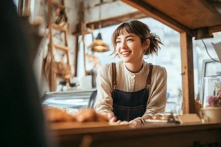 smiling young asian woman in apron and apron working in coffee shopの素材