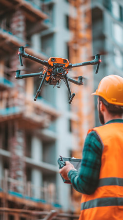selective focus of engineer operating drone with remote controller on construction siteの素材