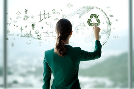 Back view of businesswoman drawing ecology sketch on glass wall. Mixed mediaの素材