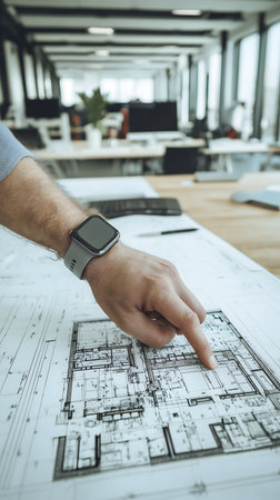 Cropped image of male architect using smartwatch while working in officeの素材