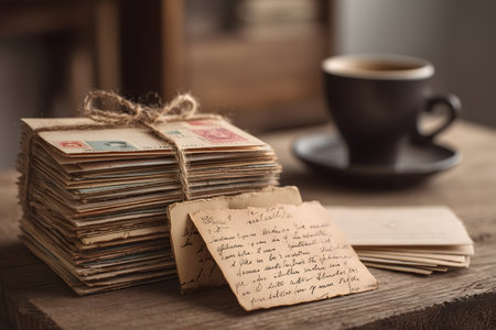 Coffee cup and old postcards on a wooden table.の素材