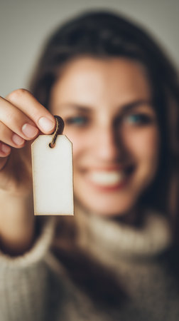 Closeup portrait of a happy young woman holding a blank tag.の素材