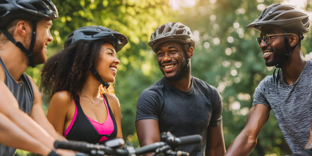 Group of happy friends cycling in the park. They are smiling and looking at camera.の素材
