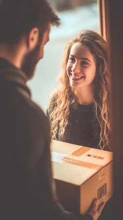 Beautiful young woman receiving a package from a delivery man at homeの素材