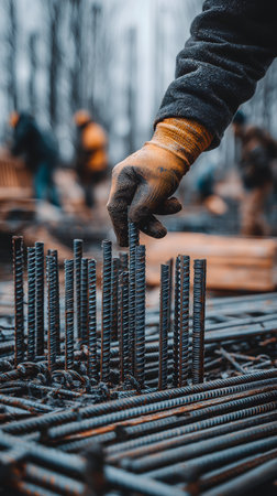 Close-up of a construction worker's hand holding a steel reinforcement barの素材