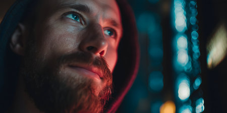Close-up portrait of a bearded man in a hat and a hoodの素材