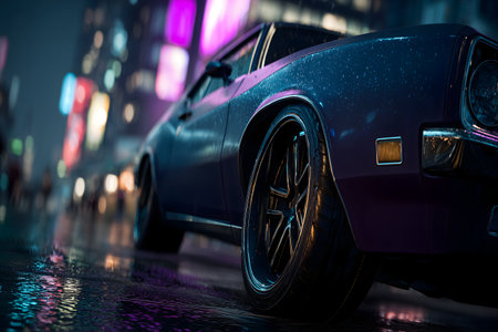 Close-up of a blue sports car in the city street at nightの素材