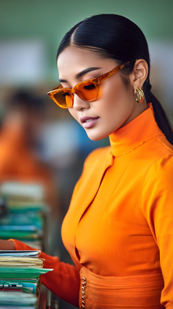 Portrait of a beautiful asian girl in orange clothes and orange sunglassesの素材