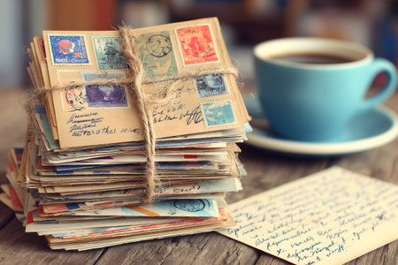 Vintage postcards and a cup of coffee on a wooden tableの素材