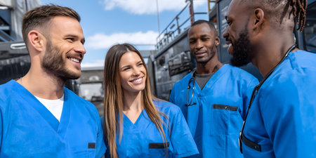 group of smiling multicultural colleagues in blue uniforms looking at camera in warehouseの素材