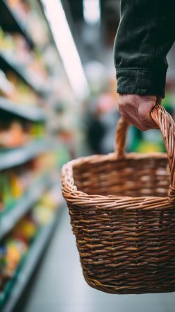 Man's hand holding a wicker basket on the background of the supermarket aisleの素材