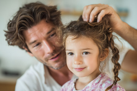 Portrait of father and daughter brushing their hair in kitchen at homeの素材