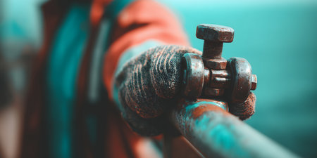 Gloved hand gripping rusty valve industrial machine worker maintenance closeの素材