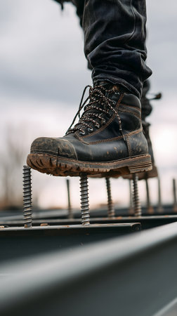 Close-up of a man's legs in black boots on a construction site.の素材