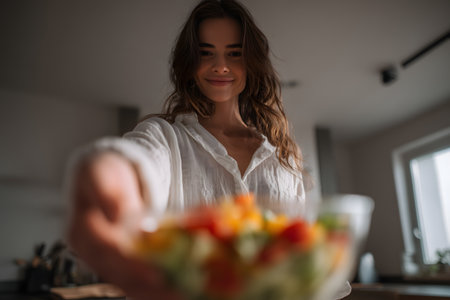 Portrait of a beautiful young woman preparing salad in the kitchen at homeの素材