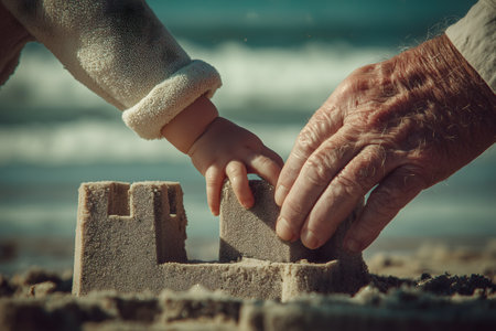 Grandfather and grandson building a sand castle on the beach, tonedの素材