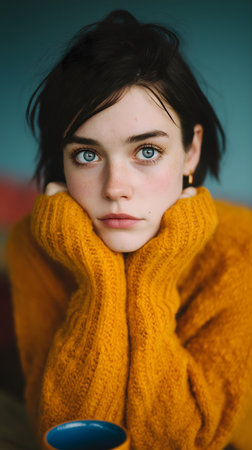 Portrait of a girl in a yellow sweater with a cup of coffeeの素材