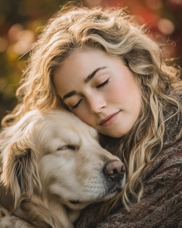 Beautiful young woman with her dog in the autumn park. Golden Retrieverの素材