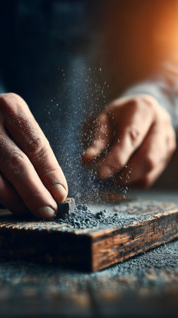 Hands rubbing dark powder dust texture grinding substance abstract processの素材