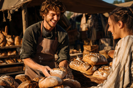 smiling young man in apron selling bread to woman in bakeryの素材